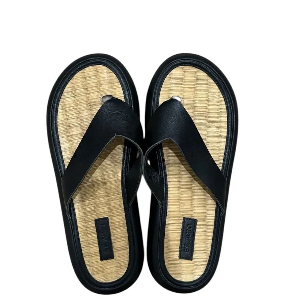 St. Agni Tatami Black Leather Raffia Platform Sandals - Picture 4 of 6